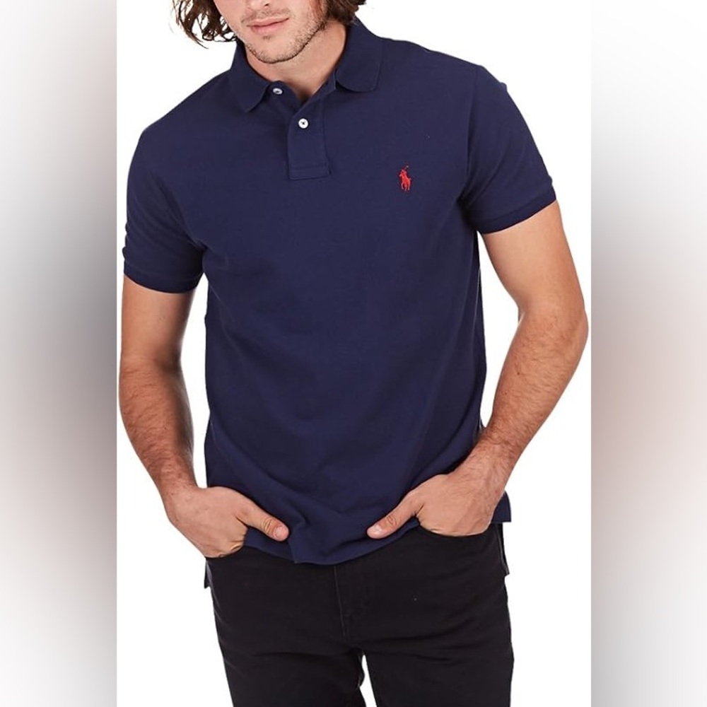 VINTAGE Polo Ralph Lauren Polo Shirt Mens Large Navy Blue Red Pony Made USA 90s